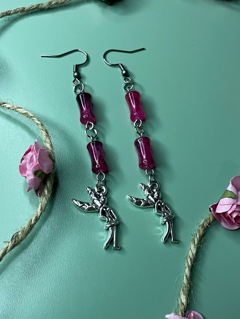 Pink Fairy Charm Glass Bamboo Handmade Dangle Earrings | Women Jewelry